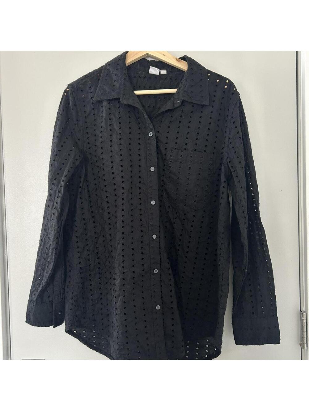 Black eyelet button up blouse with collar and long sleeves